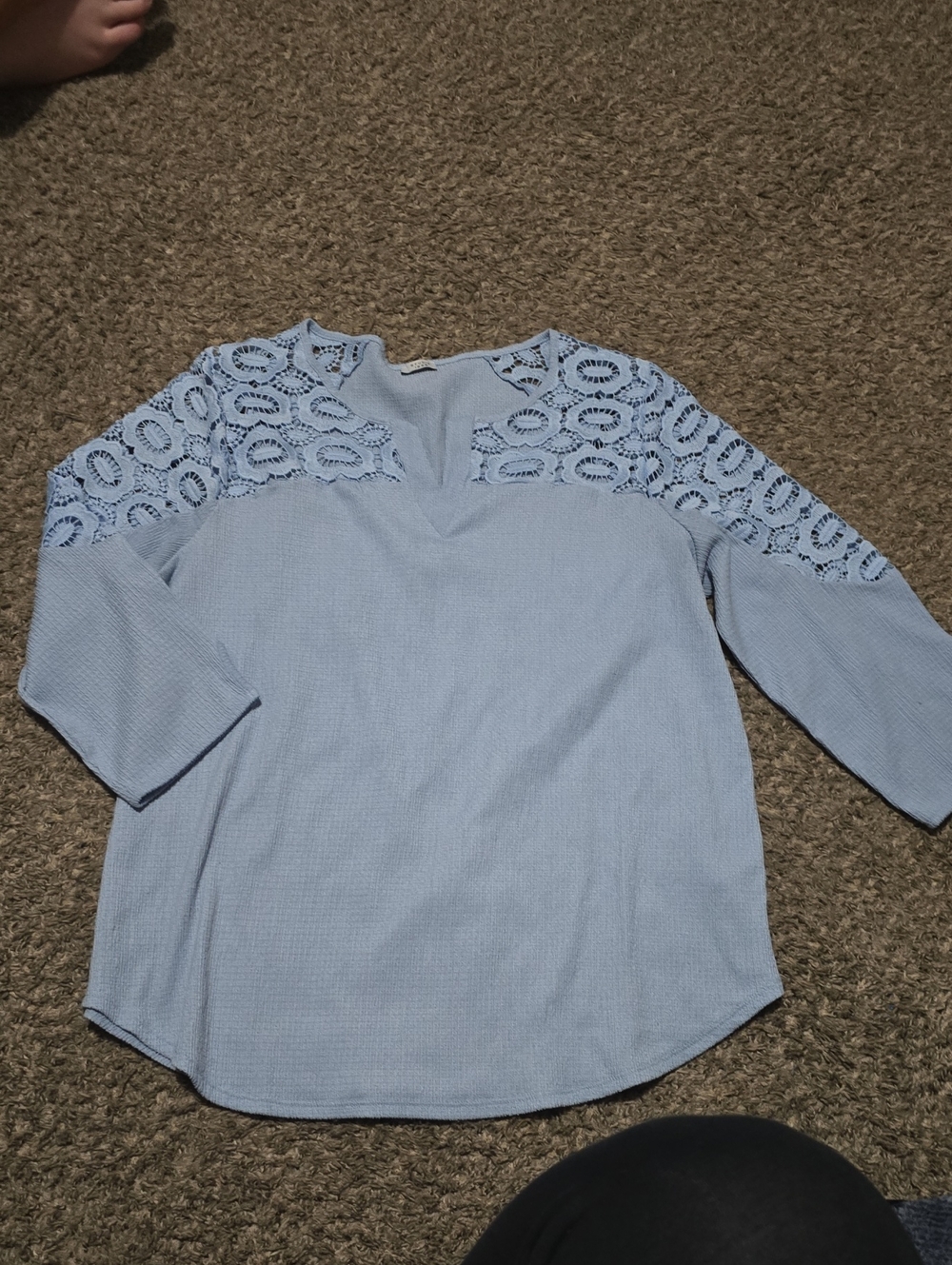 Studio 1940 Light Blue Crochet Yoke 3/4 Sleeve Blouse